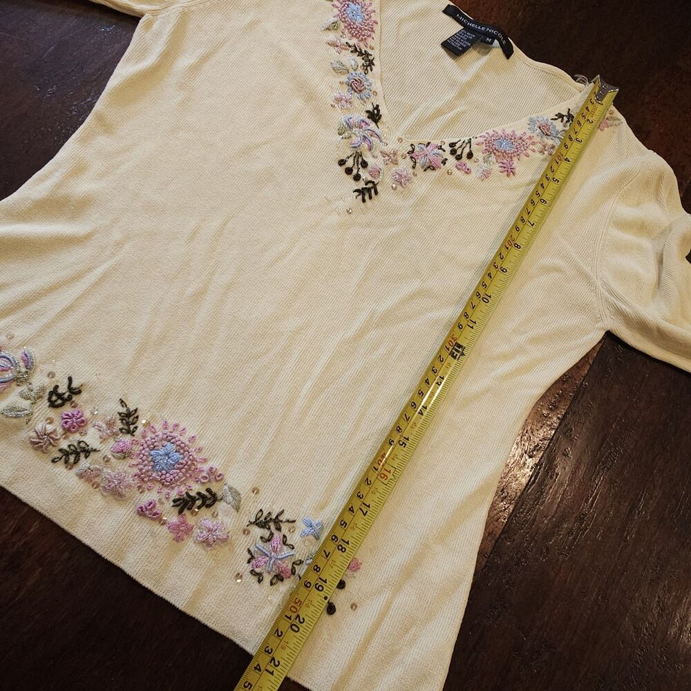 VINTAGE y2k floral embroidered beaded knit top boho cottage size m pastel fairy - Picture 4 of 8